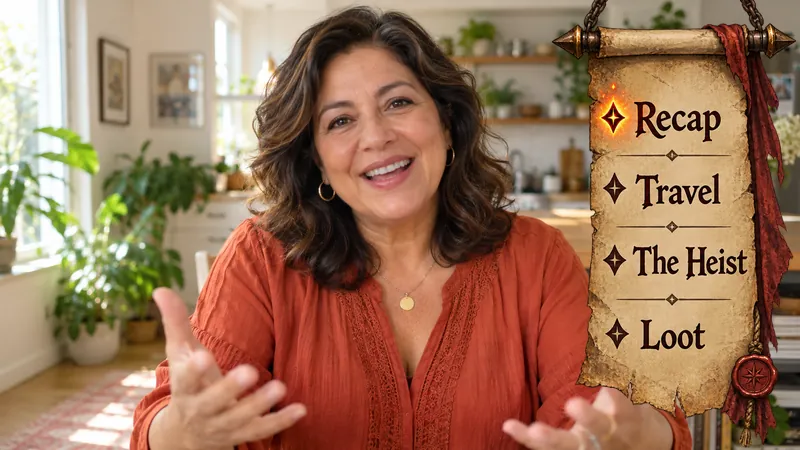 A woman talking in her kitchen, with a parchment scroll down the right edge listing Recap, Travel, The Heist and Loot, with Recap highlighted