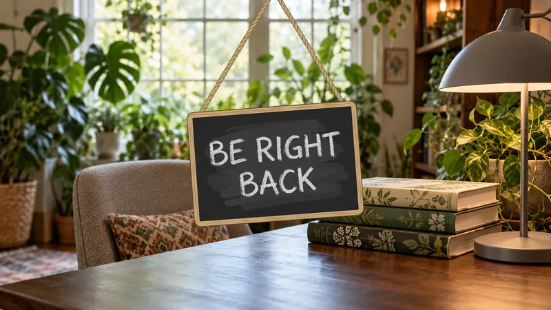 An empty desk and chair in a sunny room, with a chalkboard sign hanging in the middle reading Be Right Back