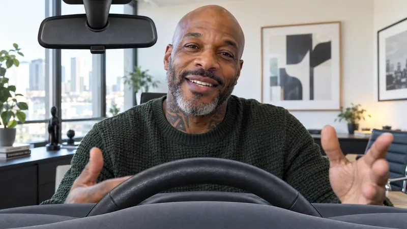 A man in a city office, framed as if from the driver's seat, with a rear-view mirror at the top and a steering wheel along the bottom