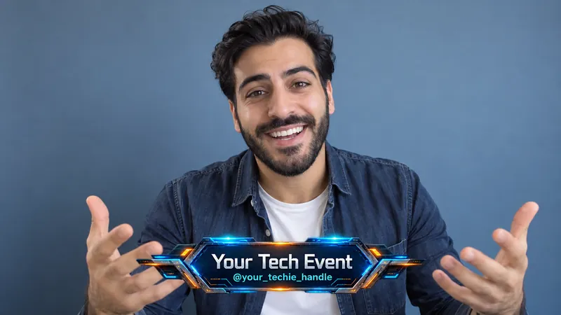 A man against a blue wall, with a glowing tech-style banner at the bottom reading Your Tech Event and @your_techie_handle