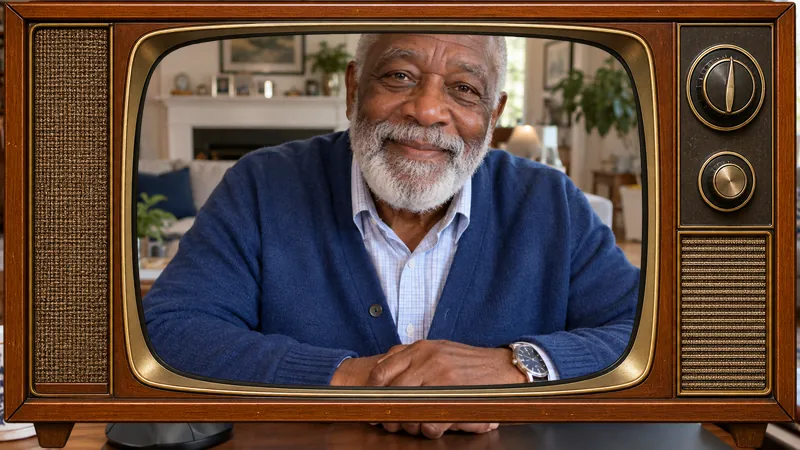 An older man in his living room, shown on the screen of an old wooden television set