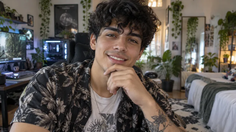 A young man in his plant-filled bedroom, with his desk, computer and bed clearly visible behind him