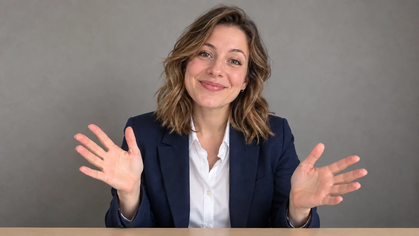 A woman in a navy blazer on a video call, as participants see her with a lower third reading Your Name, Occupation / Title, and a small overlaysmith.com mark at the top